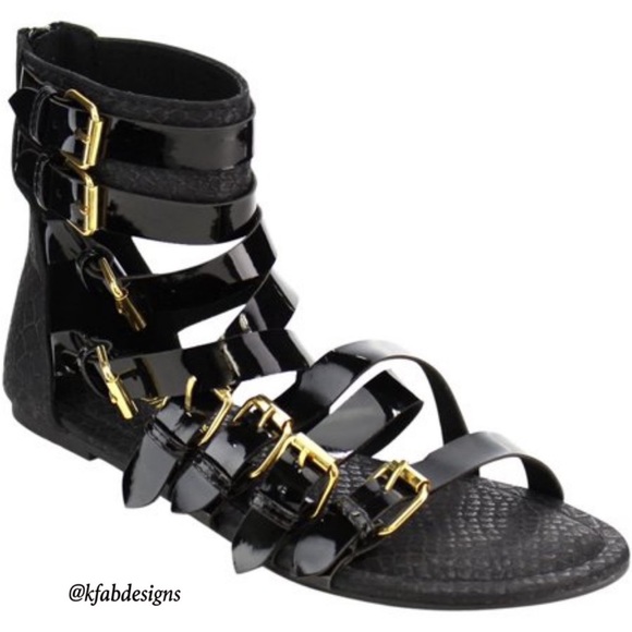 KFab Designs Shoes - LAST 2! Strappy Black Zipper Textured Gladiator FlatSandal-Gold Tone Buckles